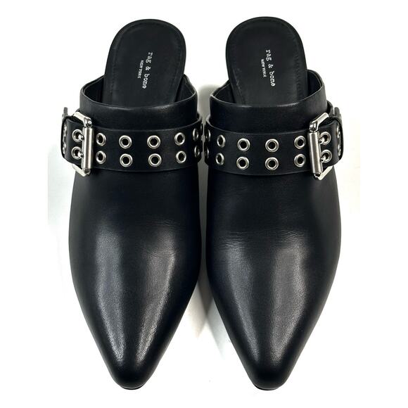 Rag & Bone Slip-On Spire Black Leather Grommet Mules Buckles Size 37 (US 7) New - Picture 2 of 9